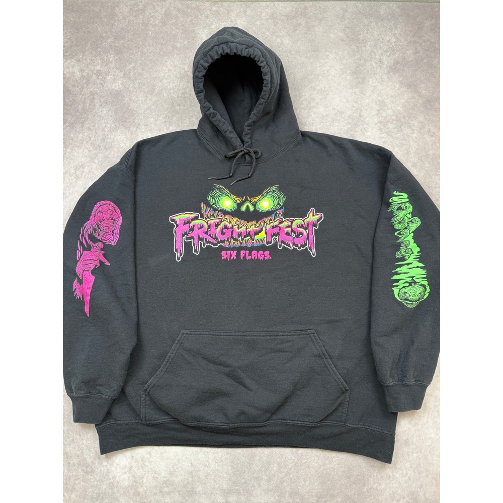 Six Flags Fright Fest 2023 Hoodie Men 2XL Black Neon Horror Halloween Sweatshirt